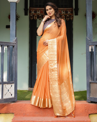 VISVASTA Solid/Plain Bollywood Chiffon, Jacquard Saree(Orange)