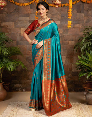 vastraan Woven Paithani Silk Blend Saree(Multicolor)