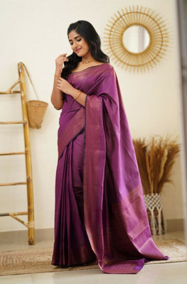 Handsel Woven Banarasi Jacquard, Silk Blend Saree(Purple)