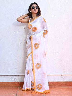 MM VENTURE Floral Print Bollywood Linen Saree(White)
