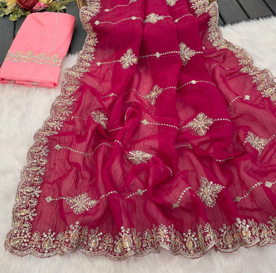 Ethina Fashion Embroidered Bollywood Chiffon Saree(Pink)