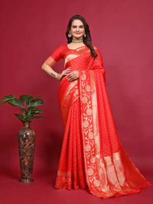 sorathiya enterprise Woven Banarasi Silk Blend Saree(Red)