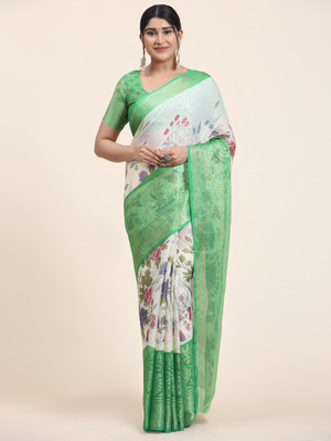 rujave Digital Print Assam Silk Chiffon Saree(Green)