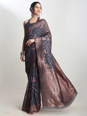 Janasya Woven Banarasi Silk Blend Saree(Grey)