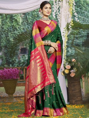 BUNAWAT Woven Handloom Silk Blend Saree(Dark Green)