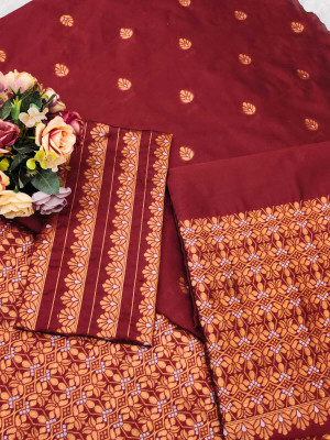 KC CREATION Woven, Self Design Mekhela Chador Cotton Blend Saree(Brown)