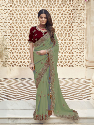 odette Embroidered Saree with Attached Blouse Georgette Saree(Green)