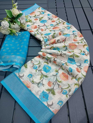 HangerStories Printed Kanjivaram Cotton Linen, Linen Saree(Light Blue)