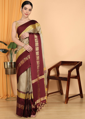 Hashir textile Temple Border Banarasi Cotton Silk, Chanderi Saree(Multicolor)