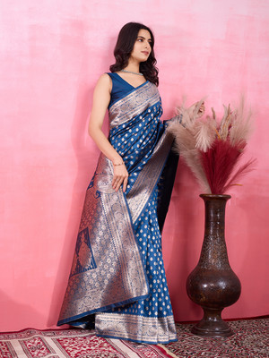 SIDDHESHWAR Self Design Assam Silk Lycra Blend Saree(Blue)