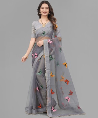 Heyinz Clothing Embroidered Bollywood Net Saree(Grey)