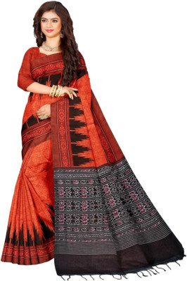Bhadra Shopping Store Printed Ikkat Viscose Rayon, Cotton Blend Saree(Orange)