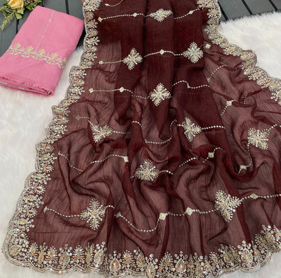 LAJEELEE Embroidered Bollywood Chiffon Saree(Brown)