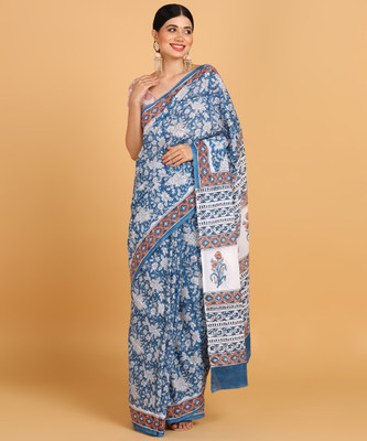 Blocks Of India Printed Hand Batik Pure Cotton Saree(Blue, Maroon)