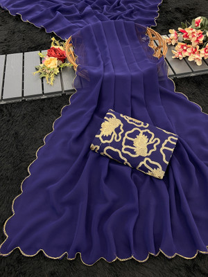saanvi Self Design, Solid/Plain Bollywood Georgette Saree(Dark Blue)