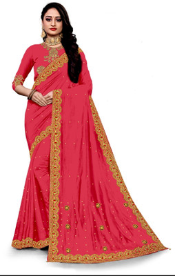 Kaan Self Design, Embroidered, Applique Assam Silk Silk Blend Saree(Pink)