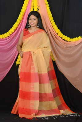 Ahana Textile Color Block Handloom Cotton Linen Saree(White)