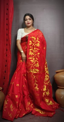 PRANATI ENTERPRISE Floral Print, Self Design, Woven Handloom Cotton Silk Saree(Red)