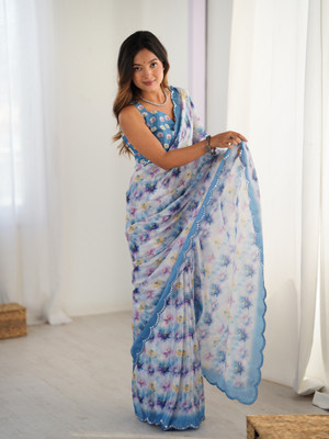 LeeliPeeri Designer Floral Print Bollywood Silk Blend Saree(White, Blue)