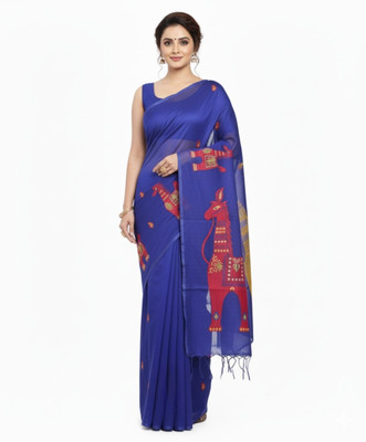 ShivMaya Embroidered Handloom Silk Blend Saree(Blue)