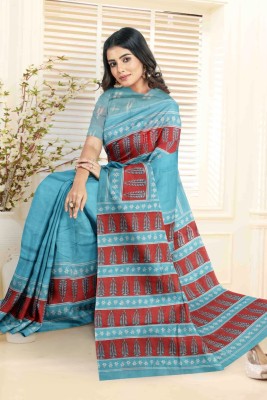 SAUMYA SPARSH Printed, Blocked Printed Handloom Pure Cotton Saree(Light Blue)