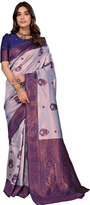 FusionCraftt Woven Kanjivaram Art Silk, Pure Silk Saree(Grey, Blue)