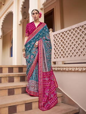 Elora Printed Patola Silk Blend Saree(Blue)