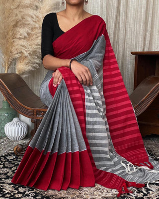 Hiya saree And Punjabi house Solid/Plain Handloom Cotton Blend Saree(White)