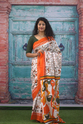 Akshara Fashion Printed, Blocked Printed, Floral Print, Hand Painted Daily Wear Pure Cotton Saree(Multicolor)