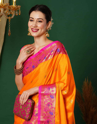 ASCREATIONOO Woven, Self Design Kanjivaram Cotton Silk Saree(Orange)