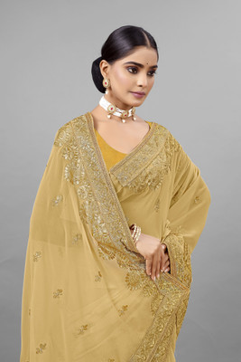JKGEMS Printed, Embroidered Bollywood Georgette Saree(Cream)
