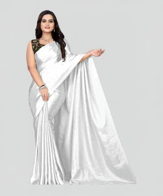 NEZAA EXPORT Solid/Plain Bollywood Satin Saree(White)