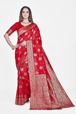 Homigoz Woven Banarasi Silk Blend Saree(Red)