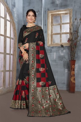 Sariya Woven Banarasi Silk Blend, Jacquard Saree(Red, Black)