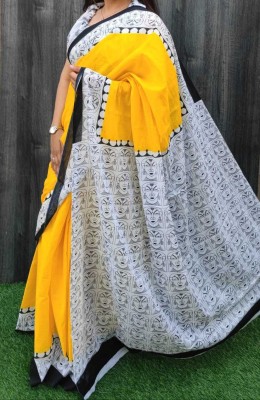 vaishnavi handicrafts Blocked Printed, Color Block, Floral Print, Printed Daily Wear Pure Cotton Saree(Yellow, White)