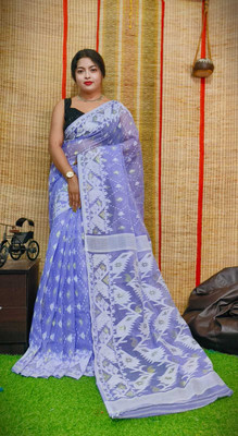 maa agameswari Self Design Jamdani Cotton Silk Saree(Pack of 2, Blue)
