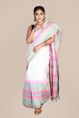 HouseOfCommon Self Design Handloom Cotton Blend Saree(White)