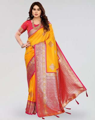 ANIRAV Printed Banarasi Cotton Silk Saree(Red, Yellow)