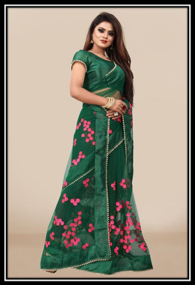 RE Renny Enterprise Embroidered Bollywood Net Saree(Dark Green)