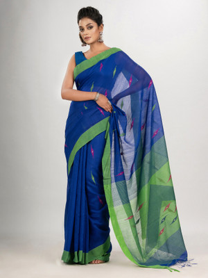 angoshobha Woven Handloom Cotton Blend Saree(Blue)