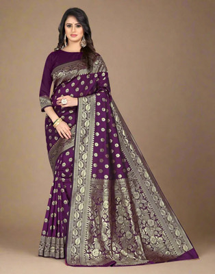 The Style Sanctuary Woven Banarasi Silk Blend Saree(Dark Green)