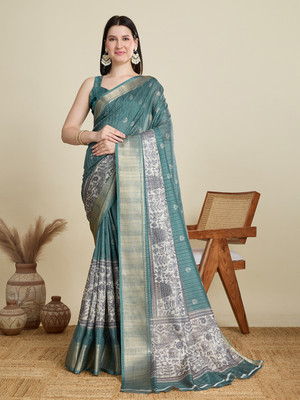 Yogik Creation Floral Print Banarasi Cotton Blend Saree(Blue, Grey)