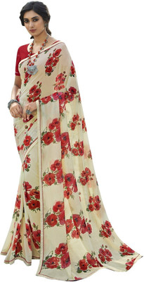 RAJESHWAR FASHION Printed Bollywood Georgette Saree(Cream, Red)
