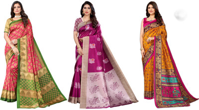 YASHIKA Woven, Printed Kalamkari Art Silk Saree(Pack of 3, Pink, Purple, Yellow)