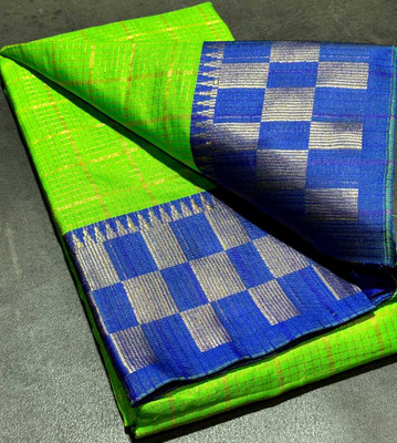 JbWorld Checkered, Woven, Self Design, Embellished Chettinadu Jacquard, Cotton Silk Saree(Light Green, Blue)