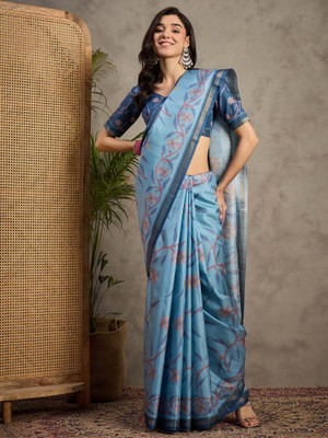 Tasrika Printed Daily Wear Silk Blend Saree(Light Blue)