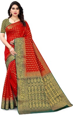 SERONA FABRICS Self Design, Embroidered, Woven Banarasi Jacquard, Cotton Silk Saree(Red)