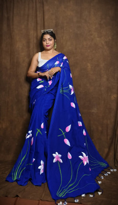 BBSaree Hand Painted Bollywood Cotton Blend Saree(Blue)
