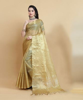 Dhanashree Striped Bollywood Organza, Tissue Saree(Gold)
