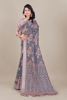 Laxmi Fashion Printed, Floral Print Assam Silk Jacquard, Cotton Silk Saree(Grey, Multicolor)